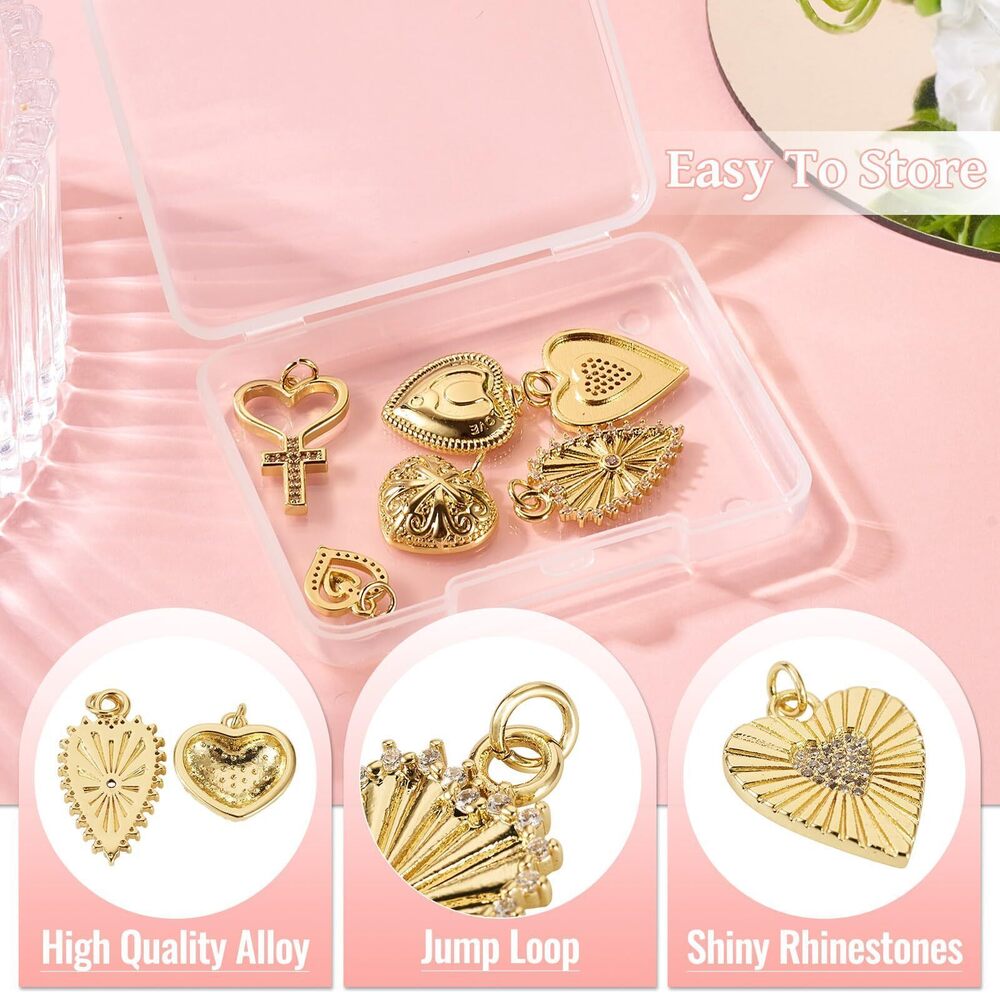 2310 6Pcs Cubic Zirconia Heart Charms 18K Gold Plated Brass Pendants Love - Picture 3 of 7
